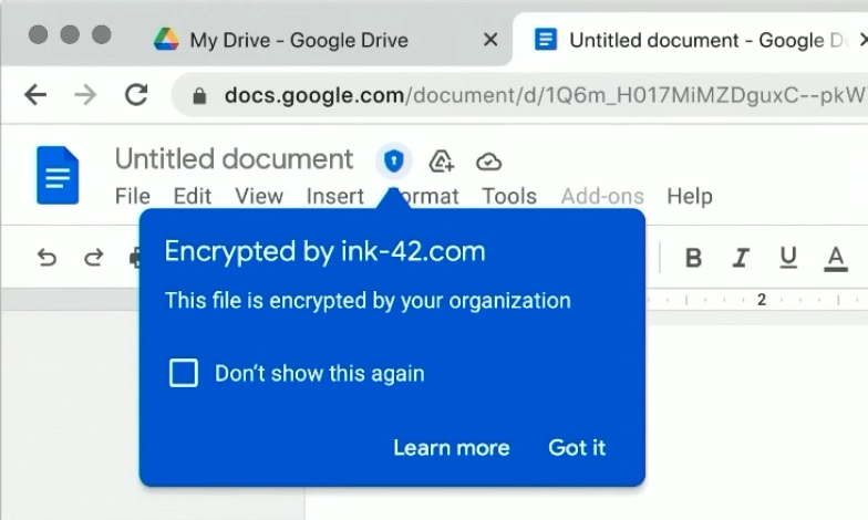 Google Doc showing a notice that the file is encrypted by the organization