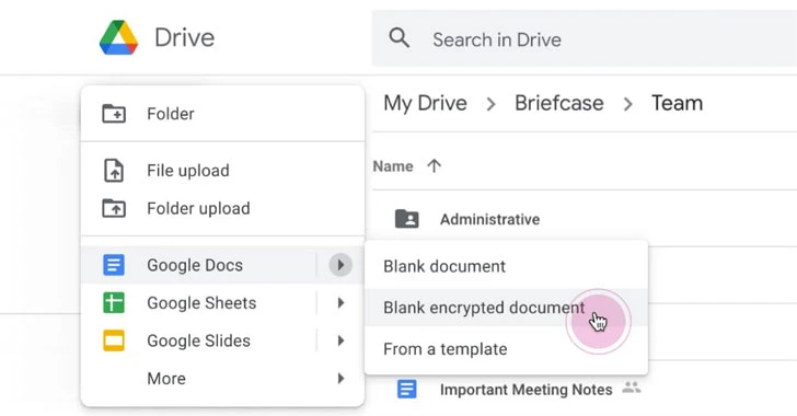 Google Drive menu with the option to create a blank encrypted document